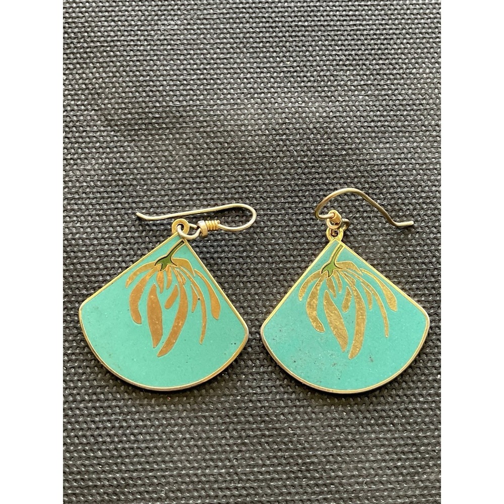 vintage Laurel Burch "Willow Branch" earrings teal and gold fan design 1980's